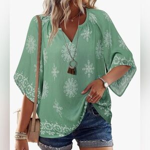 Bebonnie Womens 3/4 Sleeve V Neck Bohemian Peasant Blouses Casual Tunic Size 3XL
